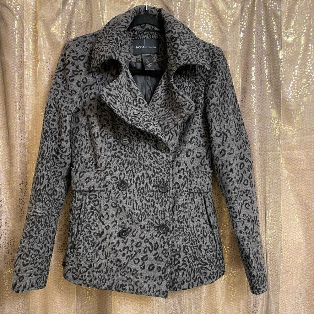 Moda International Victorias Secret Y2K Leopard Print Gray Black Peacoat Jacket